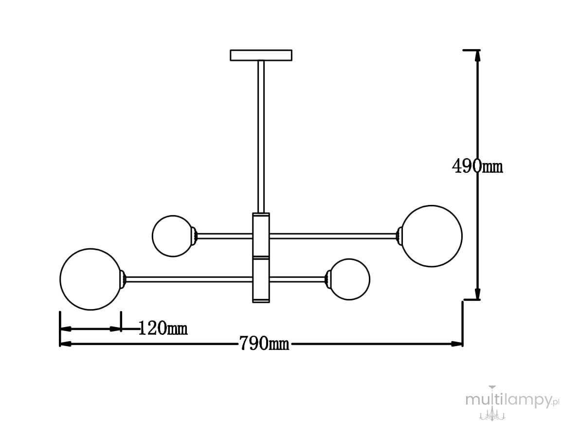 Czarna lampa wisząca Dorado LP-002/4P z czterema punktami świetlnymi, o wymiarach 790 mm szerokości i 490 mm wysokości. Lampa ma okrągłe klosze o średnicy 120 mm, zawieszona na prostym stelażu.