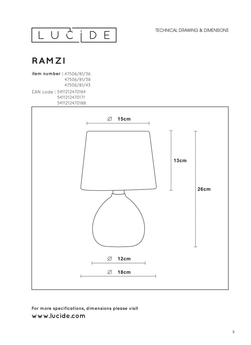 Kremowa lampa stołowa Ramzi o okrągłej podstawie i prostokątnym kloszu. Wysokość 26 cm, średnica podstawy 12 cm, klosza 15 cm. Ujęcie frontalne, prezentujące detal i proporcje produktu.