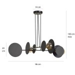 Czarna lampa wisząca Idea, 4-punktowa, z okrągłymi elementami w różnych rozmiarach. Wymiary: długość 96 cm, wysokość 20 cm, maksymalna wysokość 100 cm. Ułożona poziomo, zawieszona na cienkich linkach, z metalowym wykończeniem.