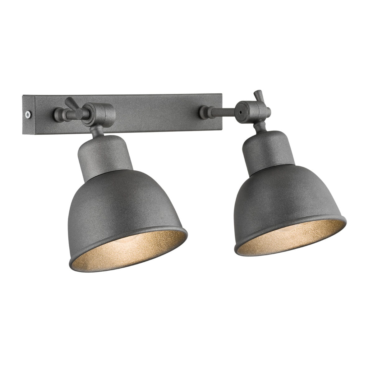 Kinkiet Eufrat 2-punktowy w kolorze grafitowym. Wyposażony w dwa metalowe klosze z matowym wykończeniem, zamontowany na prostokątnej podstawie. Klosze skierowane w dół, z widocznymi złotymi wnętrzami. Wymiary i szczegóły montażu nie są widoczne.