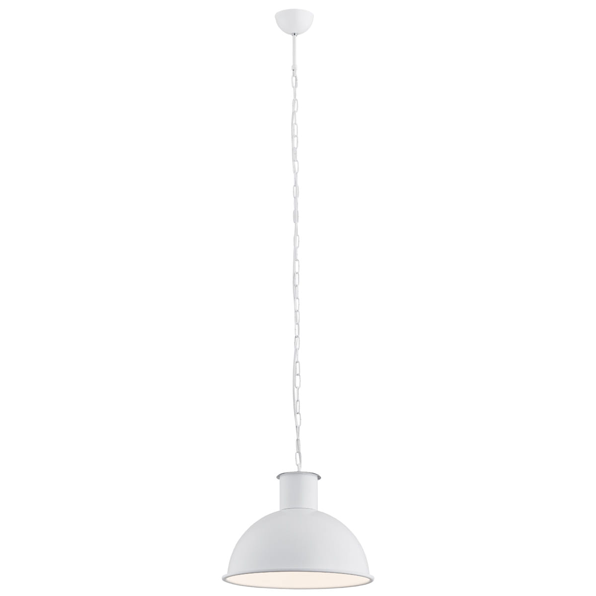 Lampa wisząca Eufrat 1-punktowa w kolorze białym, z okrągłym kloszem i widoczną metalową zawieszką. Ujęcie frontalne, lampa zwisa na łańcuchu. Tło proste, jasne. Idealna do nowoczesnych wnętrz.
