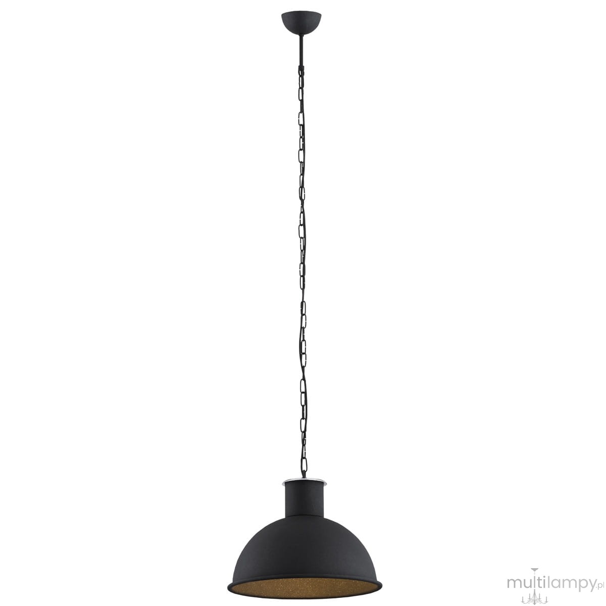 Czarna lampa wisząca Eufrat 1-punktowa, z metalowym kloszem w kształcie półkuli oraz długim, łańcuchowym zawieszeniem. Wnętrze klosza ma jasny kolor. Lampa zawieszona na prostym, okrągłym mocowaniu sufitowym.