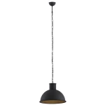 Czarna lampa wisząca Eufrat 1-punktowa, z metalowym kloszem w kształcie półkuli oraz długim, łańcuchowym zawieszeniem. Wnętrze klosza ma jasny kolor. Lampa zawieszona na prostym, okrągłym mocowaniu sufitowym.