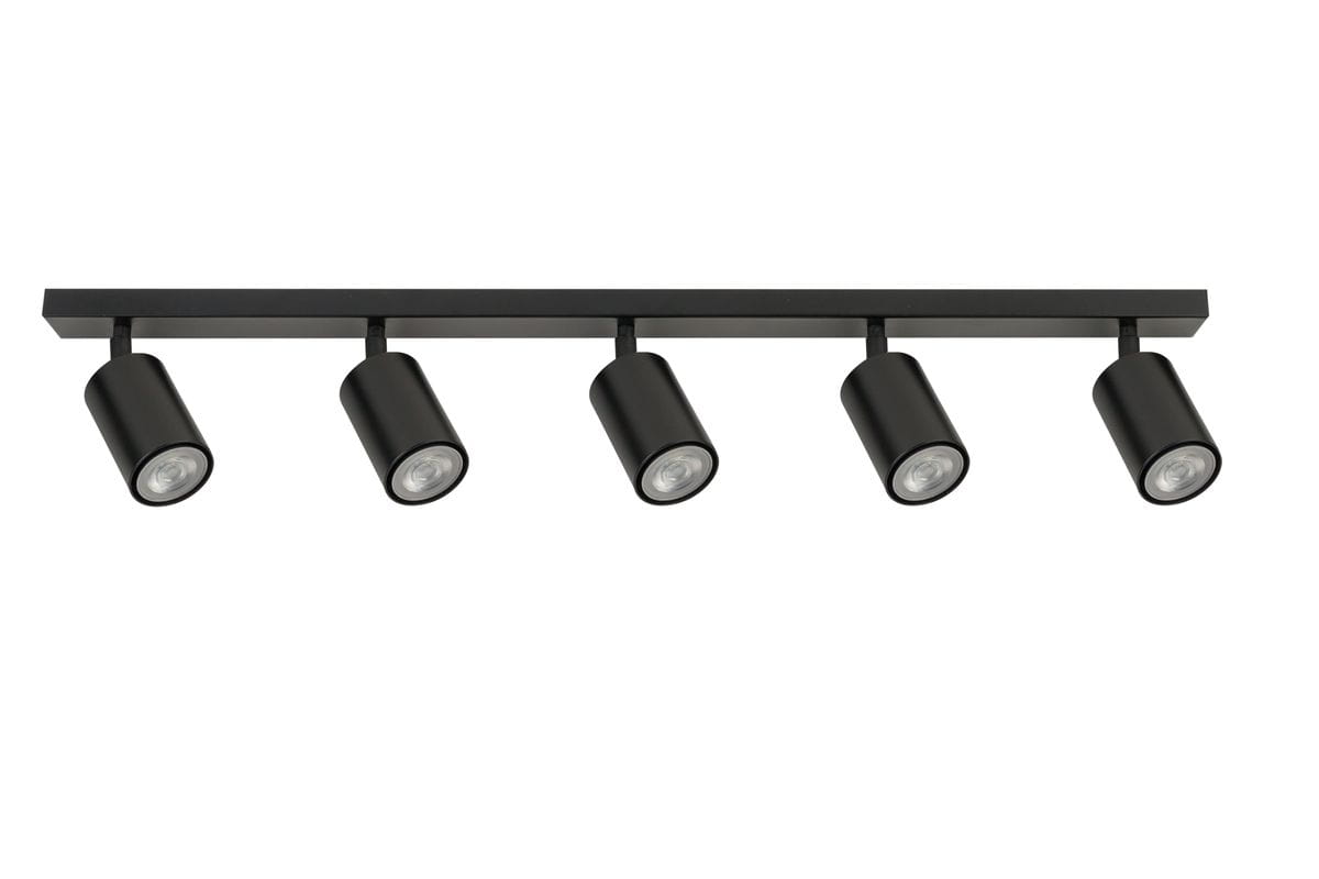 Czarna lampa sufitowa 5-punktowa, składająca się z pięciu cylindrycznych reflektorów zamontowanych na prostokątnej podstawie. Reflektory są ustawione równolegle, skierowane w dół, z metalicznym wykończeniem.