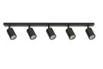 Czarna lampa sufitowa 5-punktowa, składająca się z pięciu cylindrycznych reflektorów zamontowanych na prostokątnej podstawie. Reflektory są ustawione równolegle, skierowane w dół, z metalicznym wykończeniem.