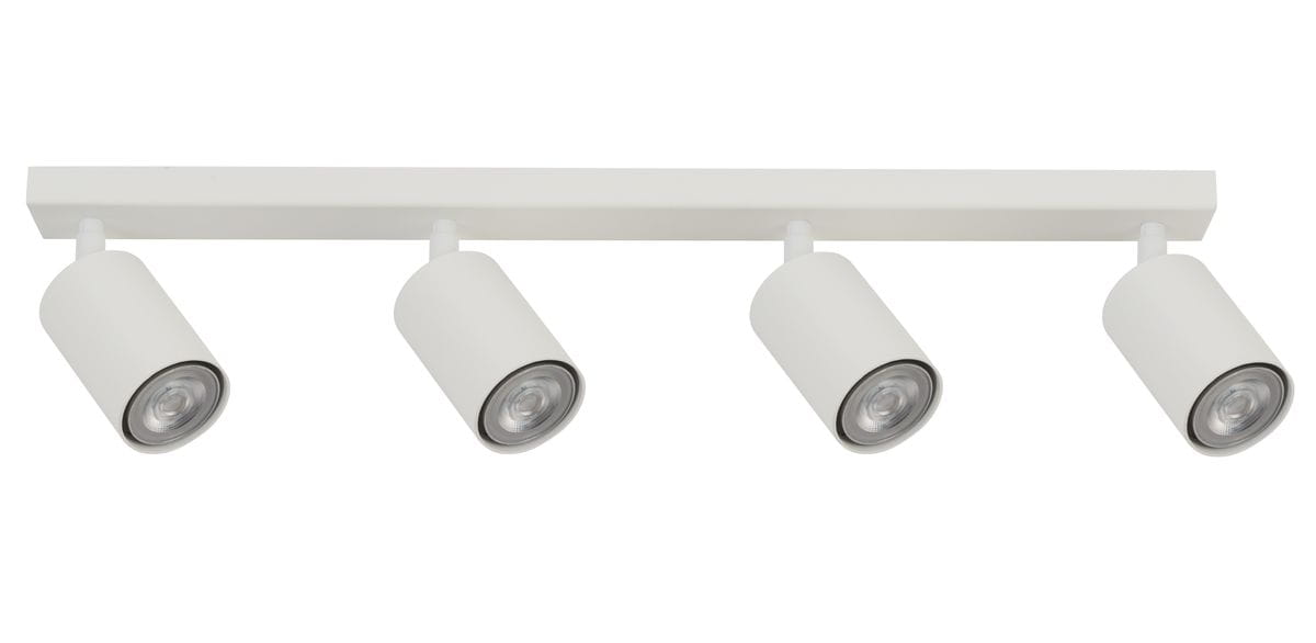 Biała lampa sufitowa 4-punktowa Zoom, z czterema okrągłymi reflektorami ustawionymi na prostokątnej podstawie. Reflektory mają metaliczne wykończenie, można je obracać, co umożliwia skierowanie światła w różne strony.