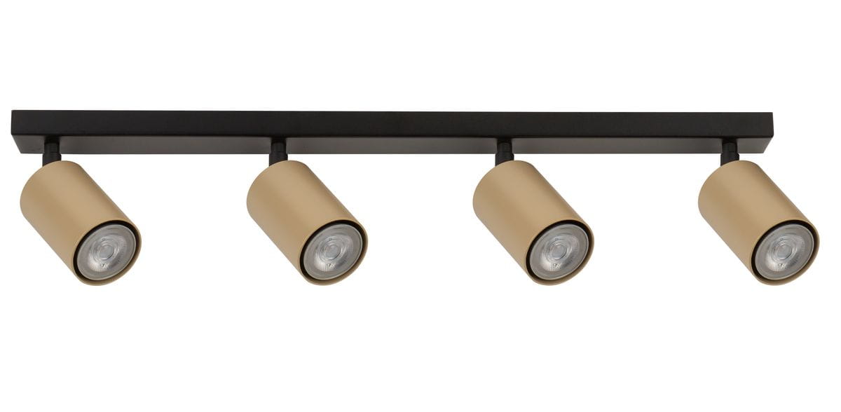 Czarna lampa sufitowa typu spot z czterema złotymi reflektorami. Ujęcie frontalne, produkt zamontowany na prostokątnej podstawie. Reflektory mają cylindryczny kształt, widoczna struktura materiału. Zastosowanie w nowoczesnym oświetleniu wnętrz.