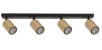 Czarna lampa sufitowa typu spot z czterema złotymi reflektorami. Ujęcie frontalne, produkt zamontowany na prostokątnej podstawie. Reflektory mają cylindryczny kształt, widoczna struktura materiału. Zastosowanie w nowoczesnym oświetleniu wnętrz.