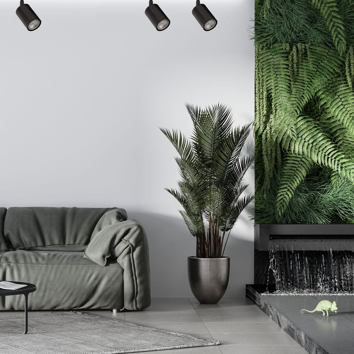 Trzypunktowa lampa sufitowa w kolorze czarnym, zawieszona pod kątem, z cylindrycznymi reflektorami. W tle widoczna zieleń roślin oraz nowoczesne wnętrze z sofą i wodospadem. Lampa idealna do oświetlenia przestrzeni.