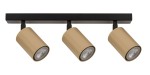 Trójpunktowa lampa sufitowa Zoom w kolorze czarnym i złotym. Posiada trzy cylindryczne reflektory w złotym odcieniu zamocowane na czarnej podstawie. Ujęcie frontalne, ukazujące całość lampy, z wyraźnymi detalami.