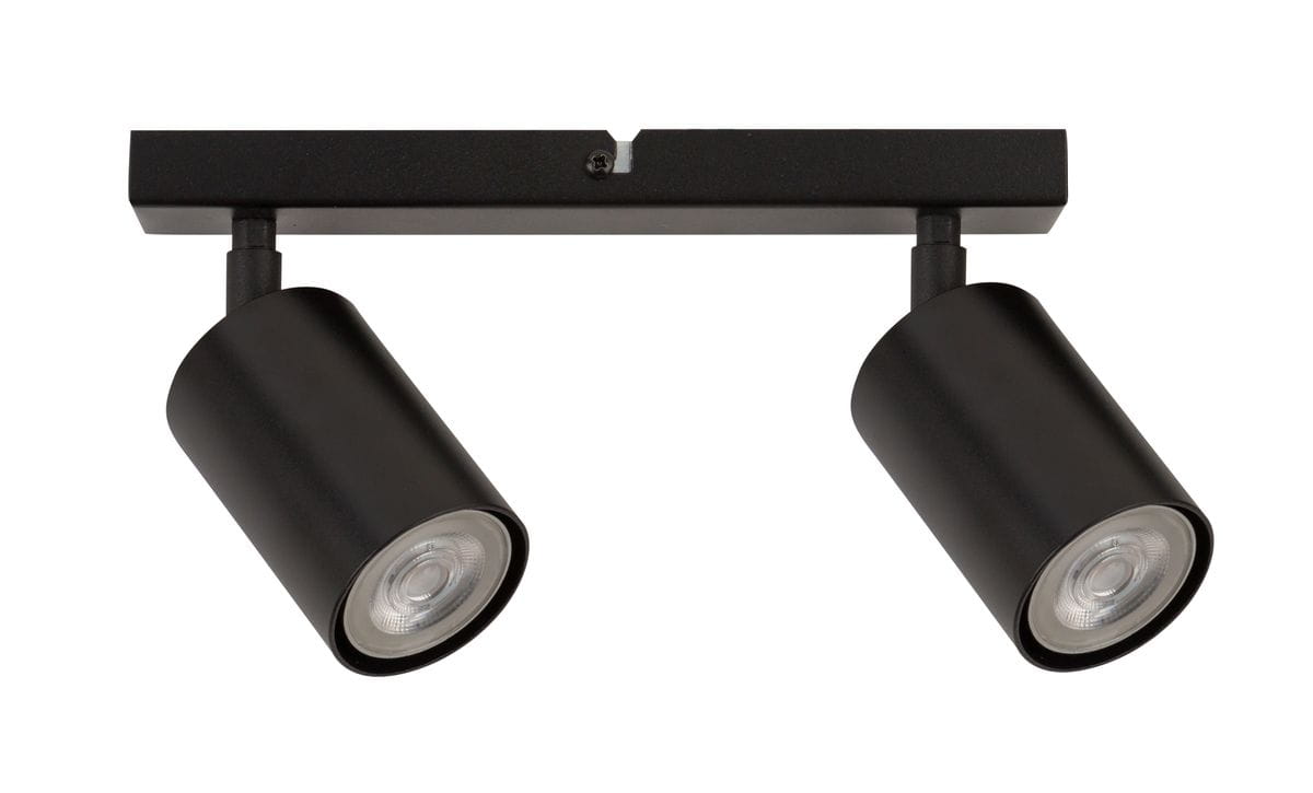 Czarna lampa sufitowa (spot) 2-punktowa, z metalowym stelażem. Dwa cylindryczne klosze z ruchomymi głowicami, zamontowane na prostokątnym uchwycie. Prosty, nowoczesny design, idealna do oświetlenia wnętrz w stylu minimalistycznym.