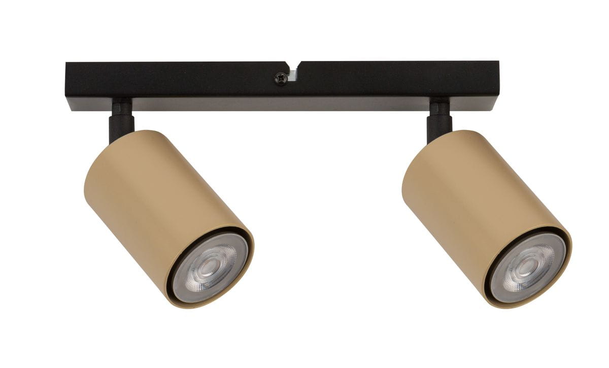 Lampa sufitowa (spot) 2-punktowa w kolorze czarnym i złotym. Ułożona poziomo, z dwoma cylindrycznymi reflektorami w złotym odcieniu, zamocowanymi na czarnej podstawie. Reflektory mają okrągłe soczewki, skierowane w różnych kierunkach.
