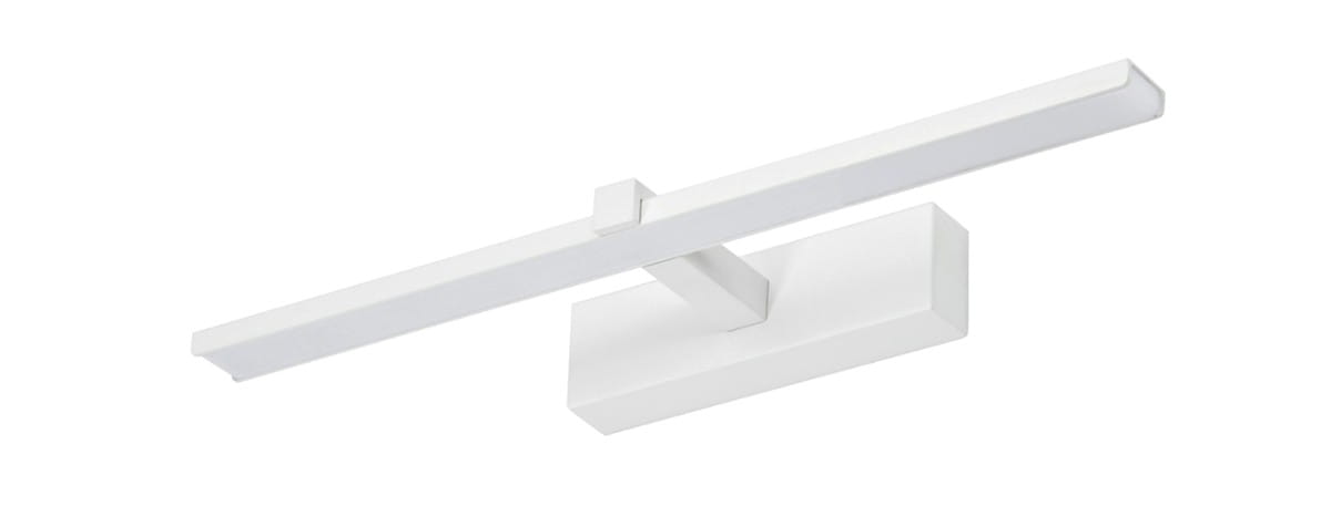 Biały kinkiet łazienkowy Venus LED IP44, o prostokątnym kształcie, z płaską, poziomą oprawą i zamontowaną na ścianie bazą. Wymiary: 40 cm długości, moc 8W. Idealny do oświetlenia obrazów lub lustra w łazience.