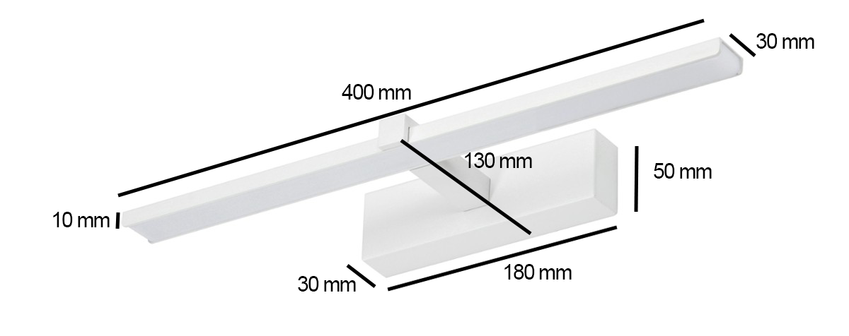 Biały kinkiet łazienkowy Venus LED o wymiarach 400 mm długości, 30 mm szerokości i 10 mm wysokości. Posiada prostokątną podstawę o wymiarach 180 mm x 30 mm x 50 mm. Przeznaczony do montażu na ścianie, o klasie ochrony IP44.