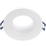 Okrągła oprawa sufitowa Aqua IP44 w kolorze białym, z widocznymi niebieskimi zaczepami montażowymi. Ujęcie z góry, ukazujące otwór w centrum. Produkt przeznaczony do zabudowy, idealny do stosowania w wilgotnych pomieszczeniach.