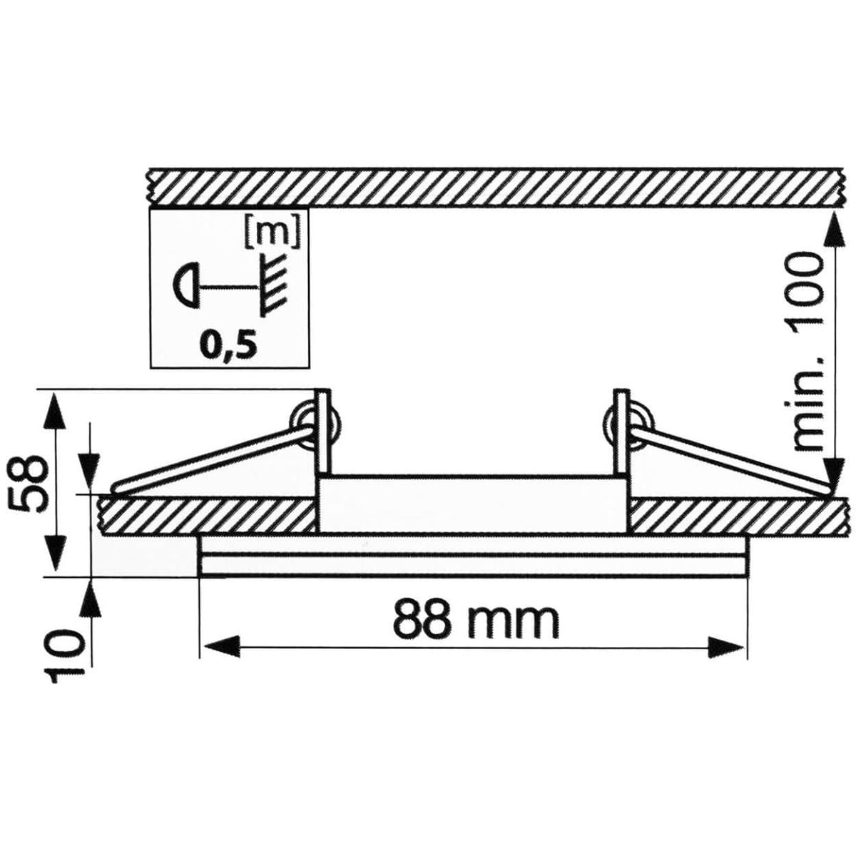 Oprawa okrągła Aqua IP44 do zabudowy w kolorze białym, o średnicy 88 mm i wysokości 58 mm. Widok z boku, przedstawiający mechanizm mocujący oraz wymiary, z zaznaczeniem minimalnej odległości montażowej.