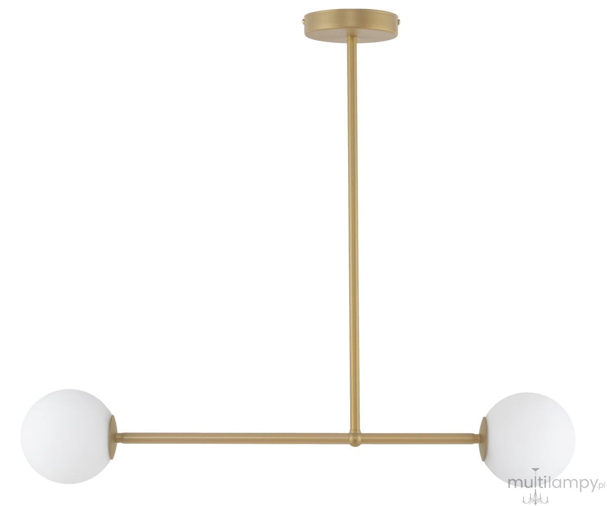 Lampa wisząca Gama 2-punktowa w kolorze złotym, z dwiema białymi kulistymi kloszami. Stalowa konstrukcja z prostym, minimalistycznym designem. Ujęcie frontalne, zwisająca z sufitu, idealna do nowoczesnych wnętrz.