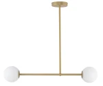 Lampa wisząca Gama 2-punktowa w kolorze złotym, z dwiema białymi kulistymi kloszami. Stalowa konstrukcja z prostym, minimalistycznym designem. Ujęcie frontalne, zwisająca z sufitu, idealna do nowoczesnych wnętrz.