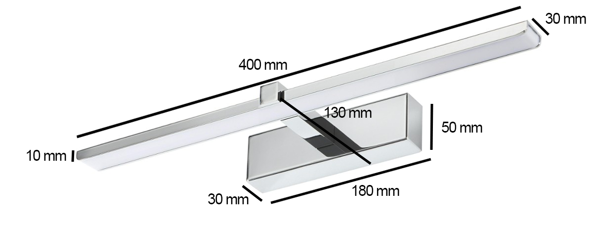 Kinkiet łazienkowy Venus LED IP44 w chromie, o wymiarach 400 mm długości, 10 mm wysokości i 30 mm głębokości. Posiada prostokątną podstawę o wymiarach 180 mm x 50 mm.