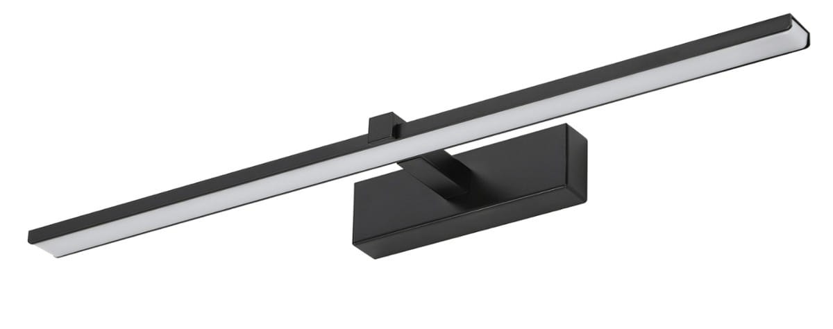 Kinkiet łazienkowy Venus LED IP44 w kolorze czarnym, o długości 60 cm i mocy 12W. Prosta, prostokątna konstrukcja z wbudowanym źródłem światła, zamontowana na ścianie. Obudowa matowa, z białym kloszem na górze.