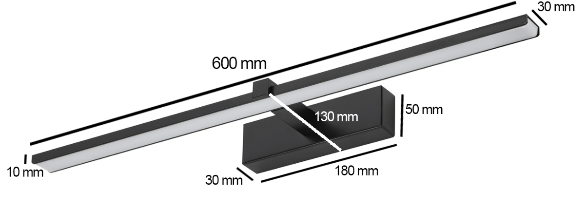 Kinkiet łazienkowy Venus LED IP44 w kolorze czarnym, o wymiarach 600 mm długości, 10 mm szerokości i 30 mm wysokości. Posiada prostokątną, matową podstawę o wymiarach 180 mm x 50 mm, z zamontowaną lampą LED.