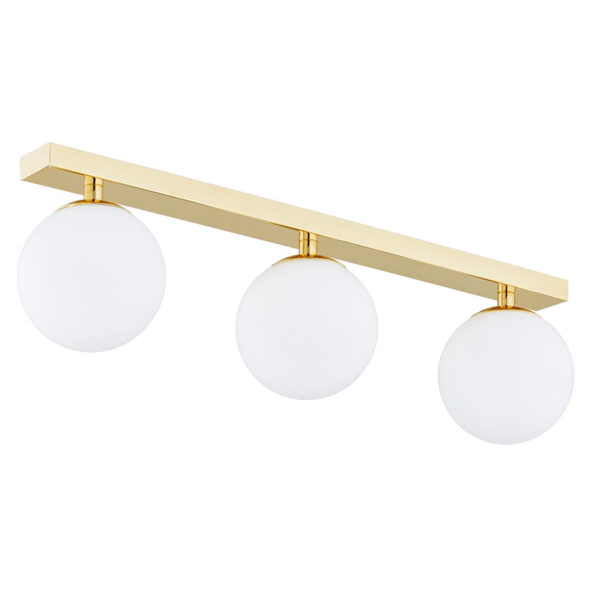 Lampa sufitowa Flavio 3-punktowa z metalową, złotą listwą i trzema okrągłymi, matowymi kloszami w białym kolorze. Produkt montowany pod sufitem, widok frontalny. Idealna do nowoczesnych wnętrz.