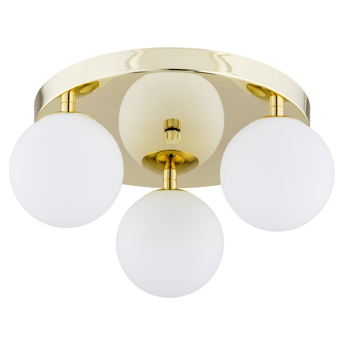 Lampa sufitowa Flavio 3-punktowa 1413AR w złotej oprawie z trzema kulistymi kloszami z mlecznego szkła. Ujęcie z góry, pokazujące równomierne rozmieszczenie źródeł światła, elegancka i nowoczesna konstrukcja.
