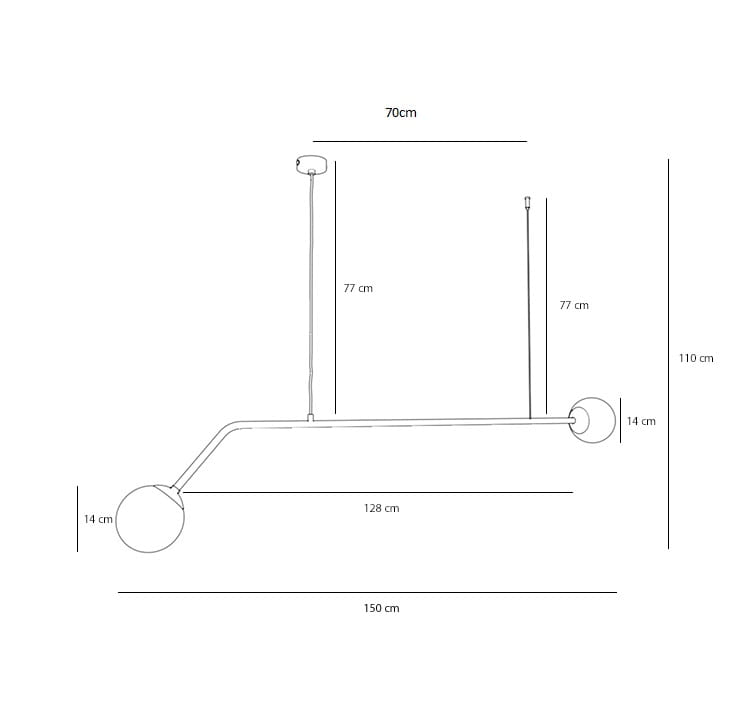 Lampa wisząca Pure 2-punktowa w kolorze czarnym, o wymiarach 128 cm długości i 77 cm wysokości. Posiada dwa okrągłe klosze oraz minimalistyczną konstrukcję z metalowym zawieszeniem. Idealna do nowoczesnych wnętrz.