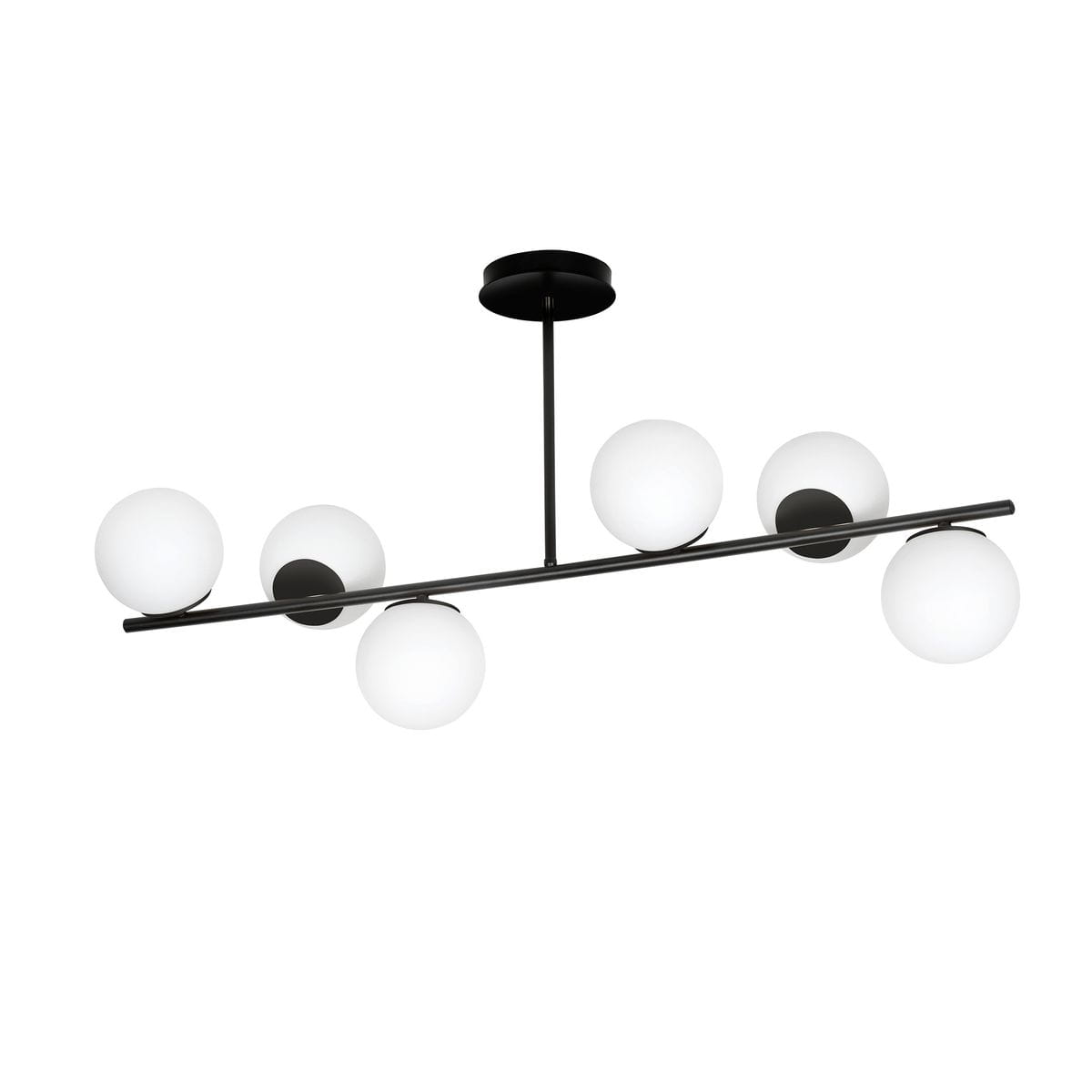 Lampa wisząca Bior 6-punktowa w kolorze czarnym, z sześcioma białymi, okrągłymi kloszami na poziomej metalowej belce. Ujęcie frontalne, lampa zawieszona na długim wysięgniku. Prosty design, idealna do nowoczesnych wnętrz.