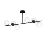 Lampa wisząca Bior 6-punktowa w kolorze czarnym, z sześcioma białymi, okrągłymi kloszami na poziomej metalowej belce. Ujęcie frontalne, lampa zawieszona na długim wysięgniku. Prosty design, idealna do nowoczesnych wnętrz.