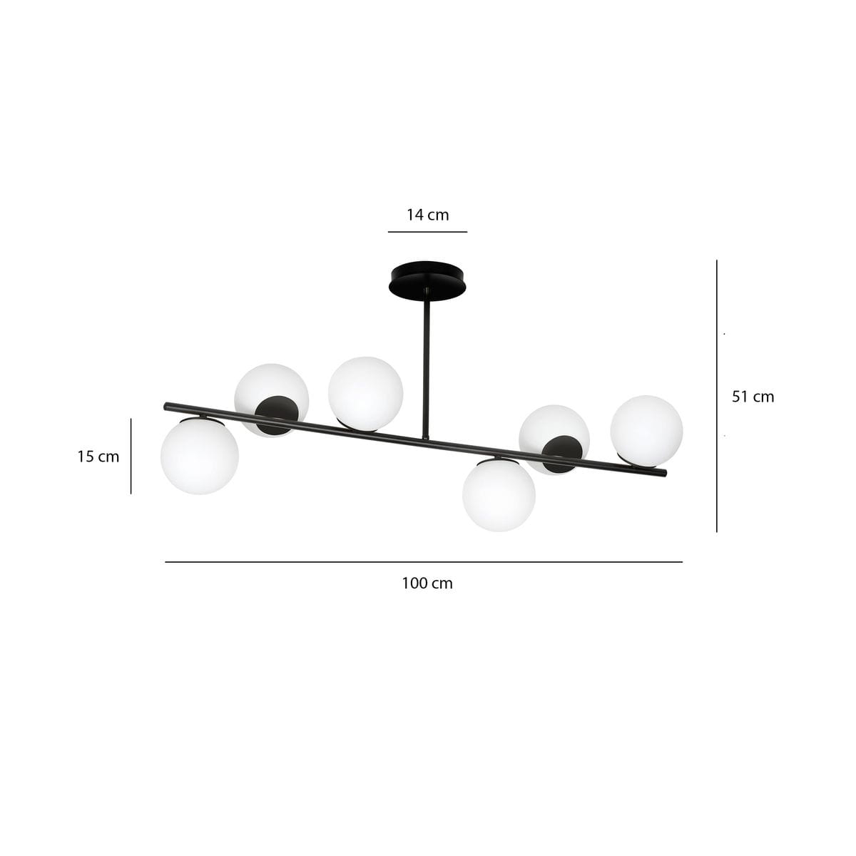 Lampa wisząca Bior 6-punktowa w kolorze czarnym, z sześcioma białymi kulistymi kloszami na poziomej rurze. Wymiary: długość 100 cm, wysokość 51 cm, szerokość 14 cm, głębokość 15 cm. Montaż sufitowy, nowoczesny design.