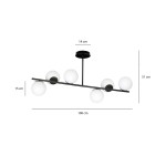Lampa wisząca Bior 6-punktowa w kolorze czarnym, z sześcioma białymi kulistymi kloszami na poziomej rurze. Wymiary: długość 100 cm, wysokość 51 cm, szerokość 14 cm, głębokość 15 cm. Montaż sufitowy, nowoczesny design.