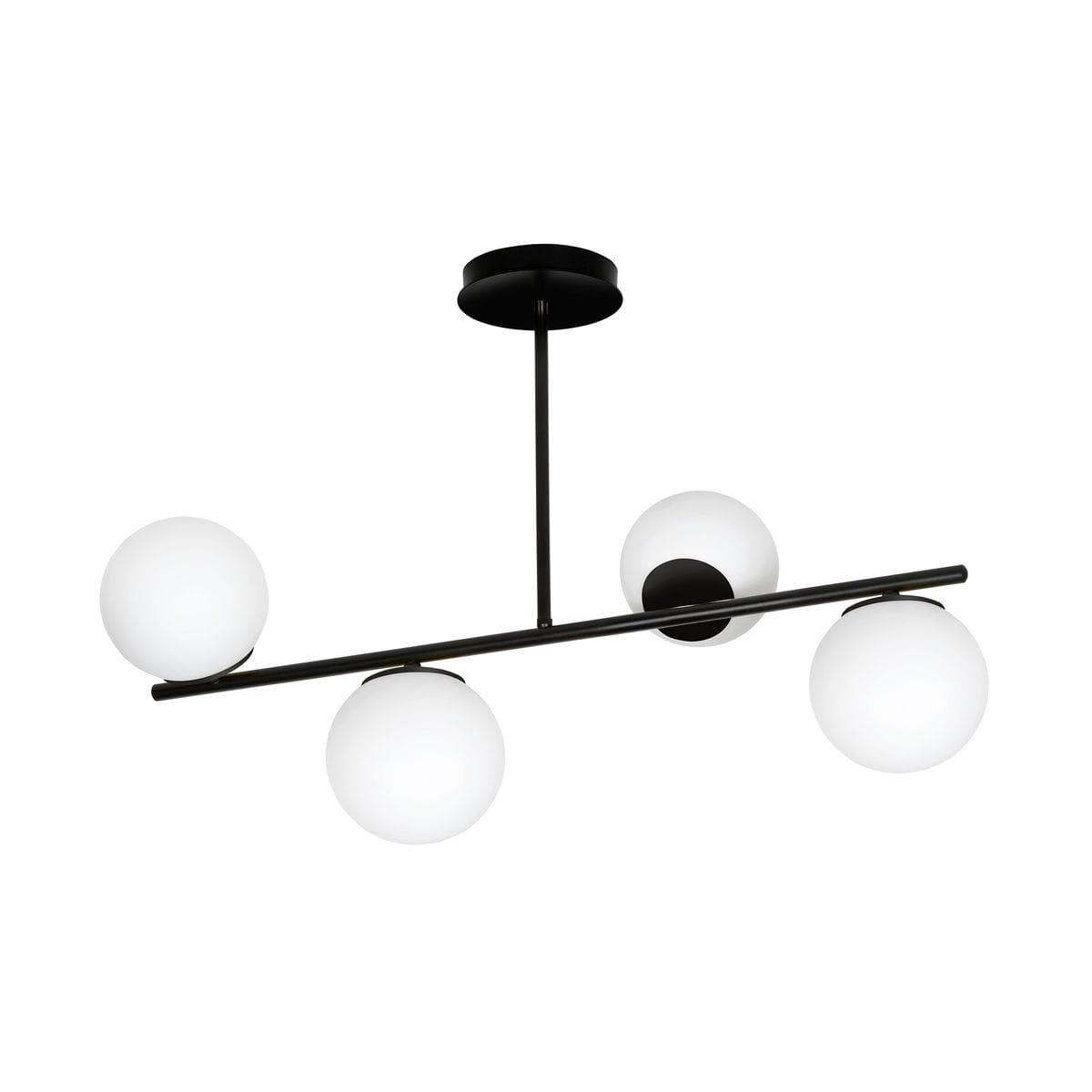 Czarna lampa wisząca Bior 4-punktowa z czterema białymi, okrągłymi kloszami z mlecznego szkła. Ułożona poziomo, zamocowana na czarnym stropie. Minimalistyczny design, idealna do nowoczesnych wnętrz.