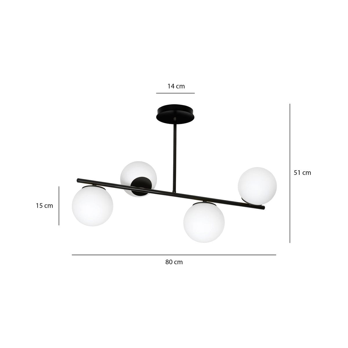 Lampa wisząca Bior 4-punktowa w kolorze czarnym, z czterema białymi, okrągłymi kloszami. Wymiary: długość 80 cm, wysokość 51 cm, średnica kloszy 15 cm. Zawieszona poziomo, na prostym, metalowym stelażu, z okrągłym mocowaniem sufitowym.