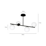 Lampa wisząca Bior 4-punktowa w kolorze czarnym, z czterema białymi, okrągłymi kloszami. Wymiary: długość 80 cm, wysokość 51 cm, średnica kloszy 15 cm. Zawieszona poziomo, na prostym, metalowym stelażu, z okrągłym mocowaniem sufitowym.