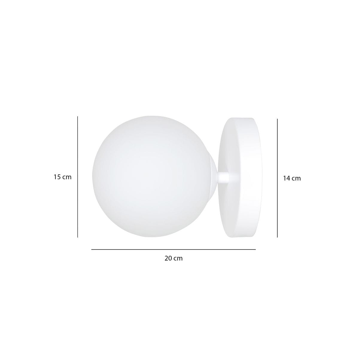 Białe kinkiet 1-punktowy Bior o okrągłej, matowej kloszowej lampie o średnicy 20 cm, wysokości 15 cm, zamontowanej na okrągłej podstawie o średnicy 14 cm. Produkt prezentowany w frontalnym ujęciu.