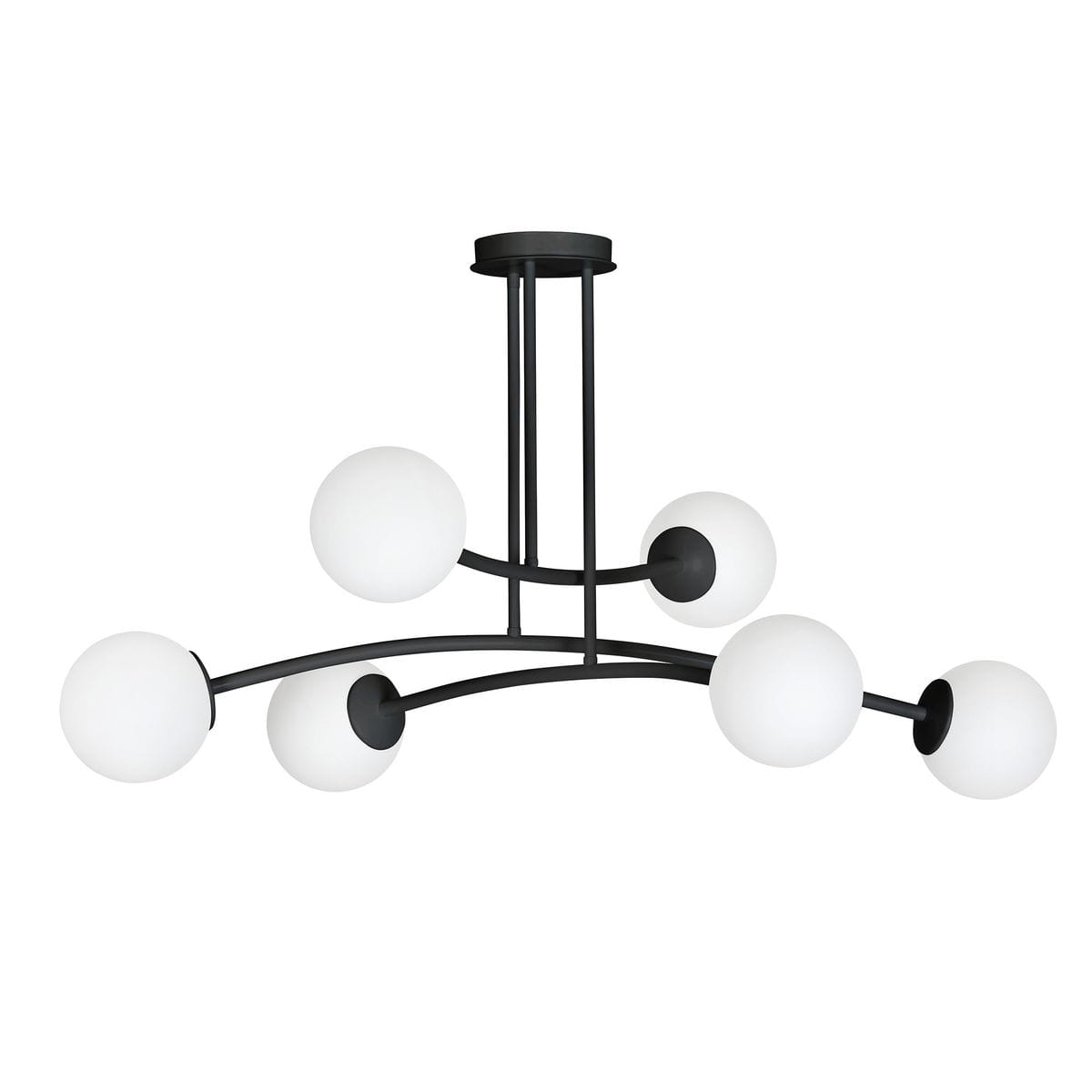 Lampa wisząca Halldor 6-punktowa w kolorze czarnym z sześcioma białymi, okrągłymi kloszami. Konstrukcja z czarnych metalowych prętów, z centralnym mocowaniem. Ujęcie frontalne, wisząca w pozycji rozłożonej.