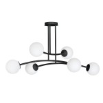Lampa wisząca Halldor 6-punktowa w kolorze czarnym z sześcioma białymi, okrągłymi kloszami. Konstrukcja z czarnych metalowych prętów, z centralnym mocowaniem. Ujęcie frontalne, wisząca w pozycji rozłożonej.