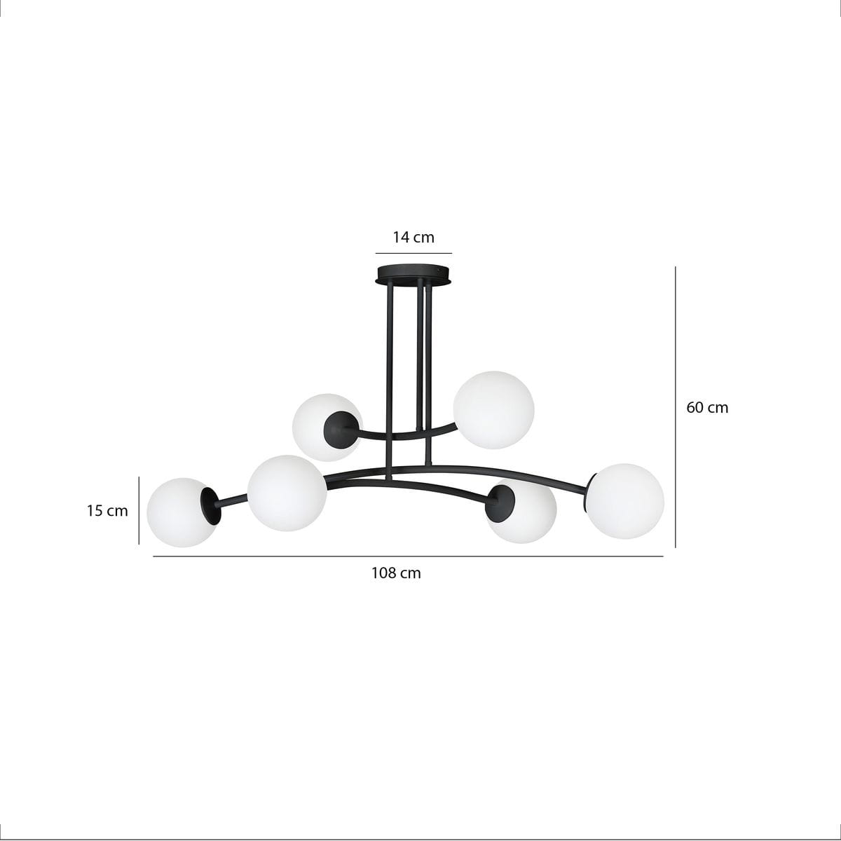 Halldor lampa wisząca 6-punktowa w kolorze czarnym. Konstrukcja z metalowymi ramionami, z sześcioma okrągłymi kloszami z białego szkła. Wymiary: wysokość 60 cm, średnica 108 cm. Ujęcie frontalne, produkt wiszący.