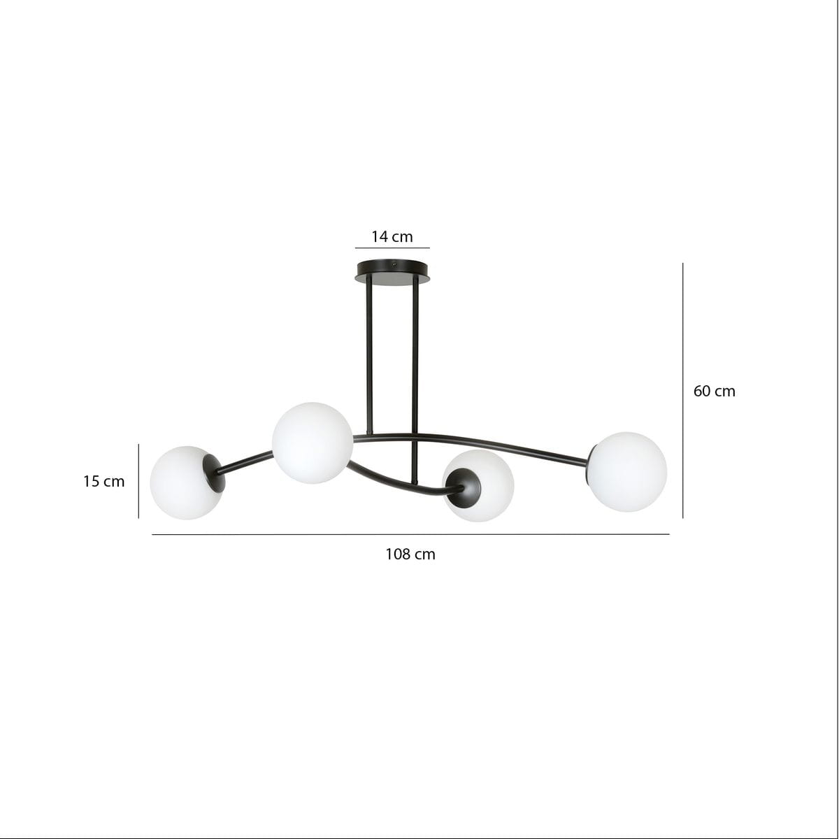 Czarna lampa wisząca Halldor z czterema białymi kloszami, o wymiarach 108 cm długości, 60 cm wysokości i 14 cm średnicy. Stylowy, minimalistyczny design z metalowym stelażem i okrągłymi kloszami.