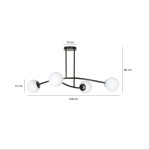 Czarna lampa wisząca Halldor z czterema białymi kloszami, o wymiarach 108 cm długości, 60 cm wysokości i 14 cm średnicy. Stylowy, minimalistyczny design z metalowym stelażem i okrągłymi kloszami.