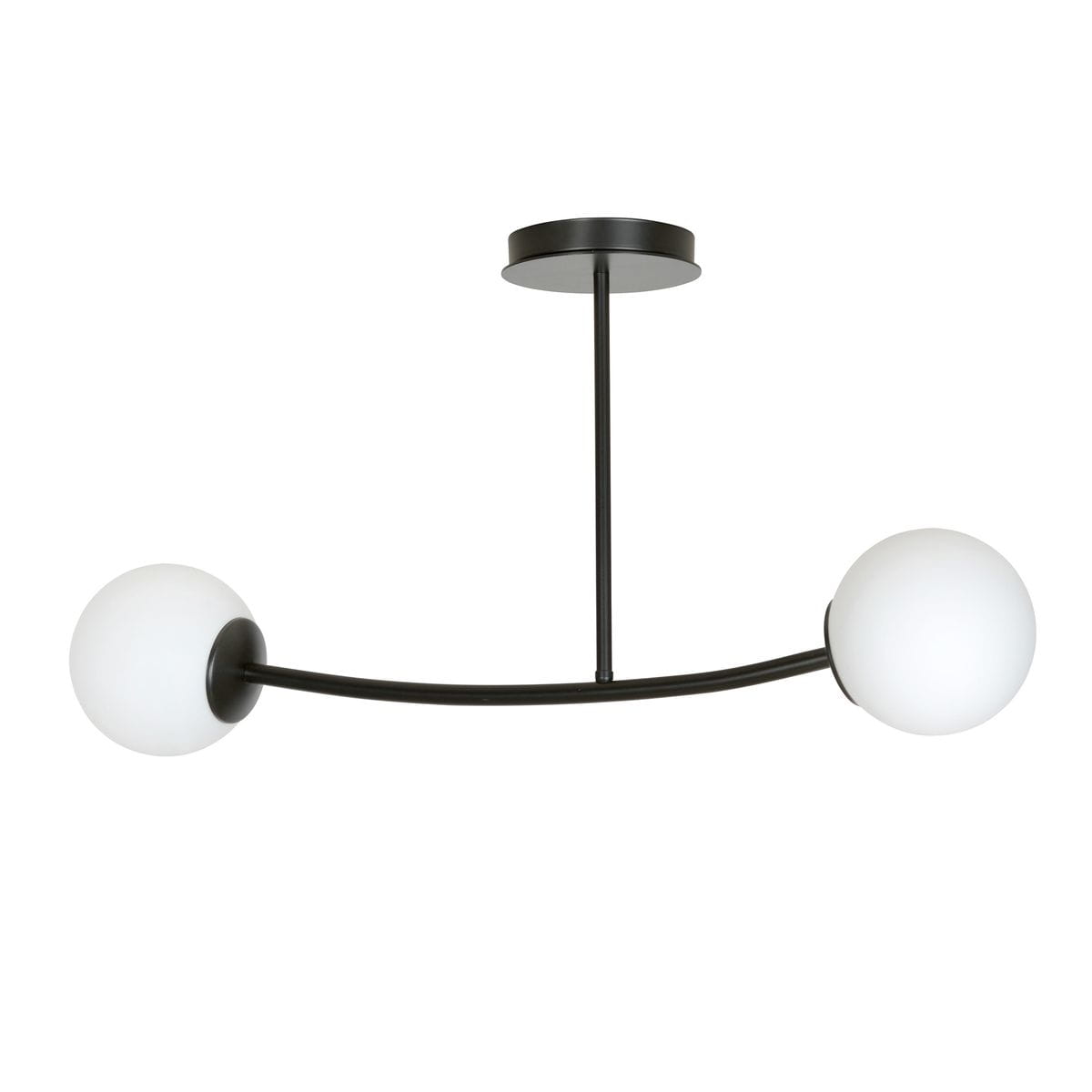 Czarna lampa wisząca Halldor z dwoma kulistymi kloszami z mlecznego szkła. Ułożona w kształcie łuku, zawieszona na cienkiej konstrukcji. Prosty design, idealna do nowoczesnych wnętrz.