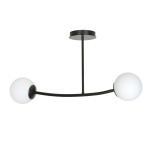 Czarna lampa wisząca Halldor z dwoma kulistymi kloszami z mlecznego szkła. Ułożona w kształcie łuku, zawieszona na cienkiej konstrukcji. Prosty design, idealna do nowoczesnych wnętrz.