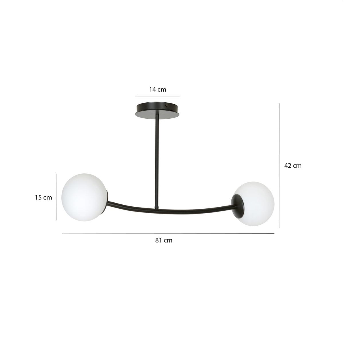 Lampa wisząca Halldor 2-punktowa w kolorze czarnym z białymi kulistymi kloszami. Wymiary: długość 81 cm, wysokość 42 cm, średnica kloszy 15 cm. Montaż sufitowy, minimalistyczny design, idealna do nowoczesnych wnętrz.