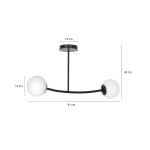 Lampa wisząca Halldor 2-punktowa w kolorze czarnym z białymi kulistymi kloszami. Wymiary: długość 81 cm, wysokość 42 cm, średnica kloszy 15 cm. Montaż sufitowy, minimalistyczny design, idealna do nowoczesnych wnętrz.