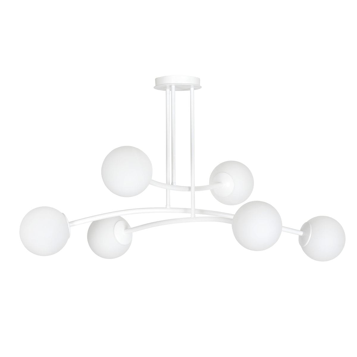 Lampa wisząca Halldor 1025/6 w kolorze białym z sześcioma kulistymi kloszami, zamocowana na prostym, białym stelażu. Klosze wykonane z matowego szkła, równomiernie rozmieszczone na zakrzywionych ramionach, w stylu minimalistycznym.