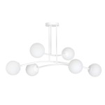 Lampa wisząca Halldor 1025/6 w kolorze białym z sześcioma kulistymi kloszami, zamocowana na prostym, białym stelażu. Klosze wykonane z matowego szkła, równomiernie rozmieszczone na zakrzywionych ramionach, w stylu minimalistycznym.