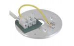Czarna lampa sufitowa Aqua IP54 w kształcie tuby, z metalową podstawą. Widoczne złącza elektryczne oraz przewody, w tym żółty przewód uziemiający. Produkt zamontowany na okrągłej, metalowej płycie z otworami montażowymi.