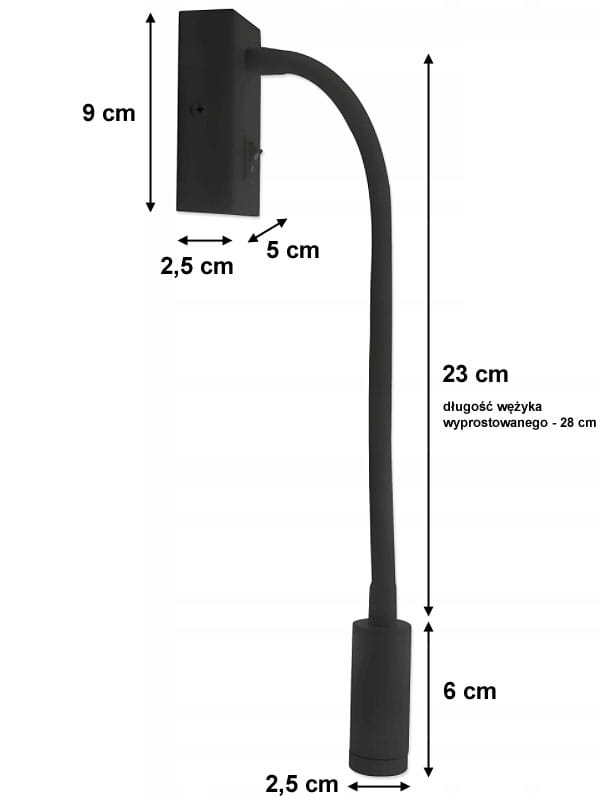 Czarny kinkiet LED do czytania, o wymiarach 9 cm wysokości i 5 cm szerokości. Elastyczny wężyk o długości 23 cm, zakończony okrągłym korpusem o średnicy 2,5 cm. Prosty design, montowany na ścianie. Idealny do oświetlenia przy łóżku lub biurku.