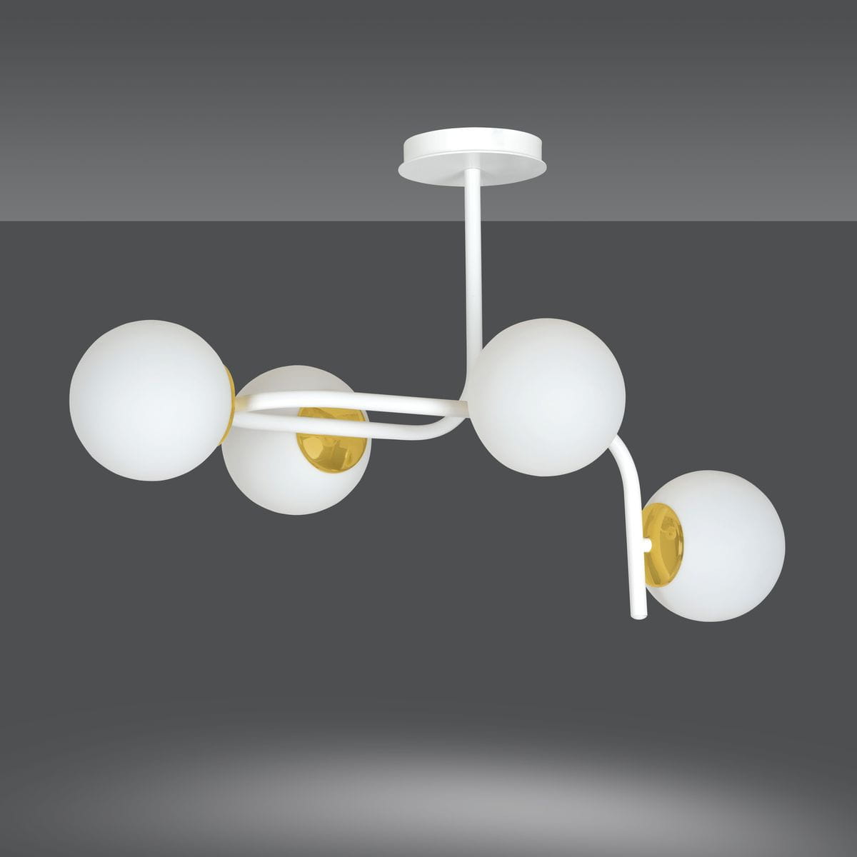 Lampa wisząca Ragnar 4-punktowa, biała z złotymi detalami. Składa się z czterech okrągłych kloszy z matowego szkła, zawieszonych na białej metalowej konstrukcji. Ujęcie z dołu, produkt wisi na suficie, na jednolitym ciemnym tle.